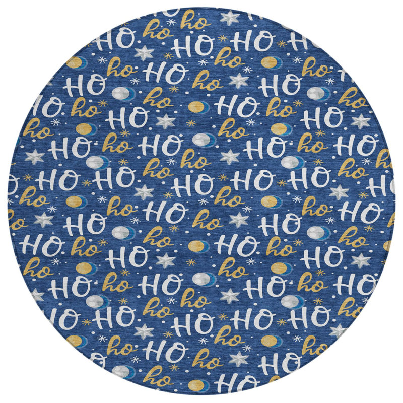 Tapis d'intérieur/extérieur rond 8' bleu marine, blanc et or à motifs « Ho Ho Ho », lavable