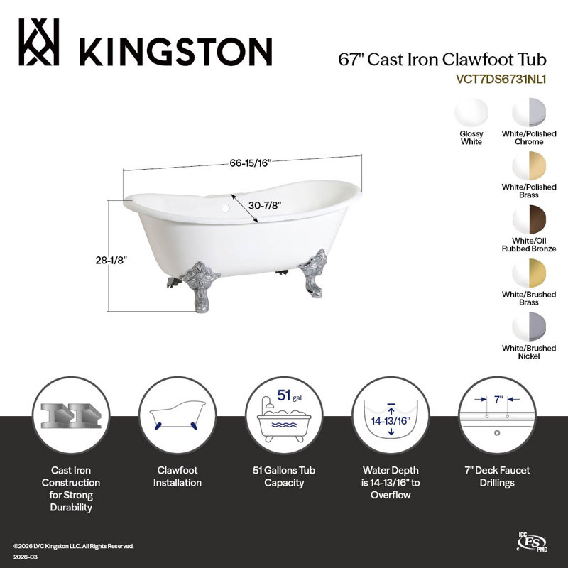 Baignoire sur pattes ovale en fonte 67 pouces Kingston Eden Aqua Brass, Chrome poli
