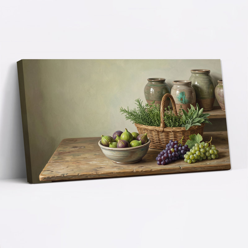 Tableau sur toile représentant un bol de figues et de raisins avec un panier d'herbes aromatiques sur une table en bois.