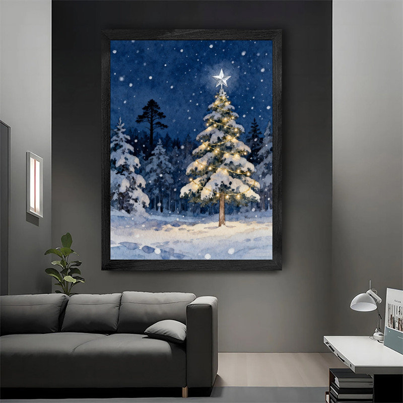 Reproduction d'art encadré noir, arbre de Noël enneigé, forêt enneigée, art festif, H 17 po x l 13 po