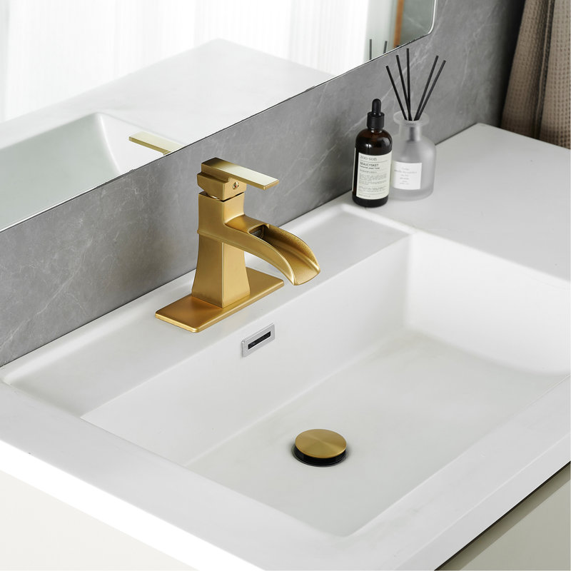 Robinet de salle de bain avec cascade, plaque de finition or brossé, bonde escamotable, conduites d'alimentation, une poignée, construction
