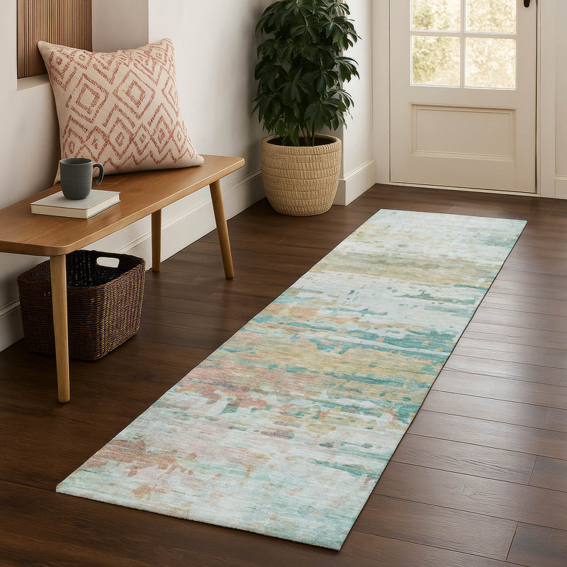 Premium Machine Washable Mayfield AMF2034 Abstract Rug, 2'3" x 7'6" Runner, Teal