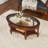 Wexford Collection Oval Glass Coffee Table with Solid Wood Frame & Storage Shelf, Mid Century Modern Oval Center Table for Living Room, Tempered Glass Top Cocktail Table with Carved Legs, Cherry Brown