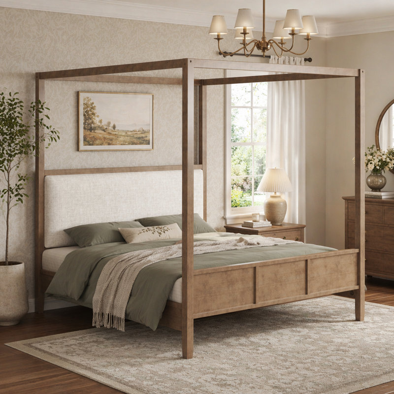 Lit plateforme à baldaquin en bois avec tête de lit tapissier, Grand lit, Noyer naturel