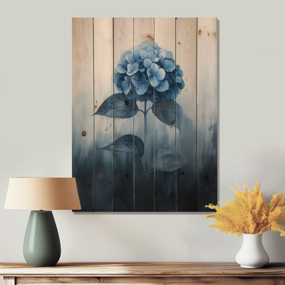 Blue Hydrangeas In The Mist Dream III - Hydrangea Wood Wall Decor - On Natural Pine Wood