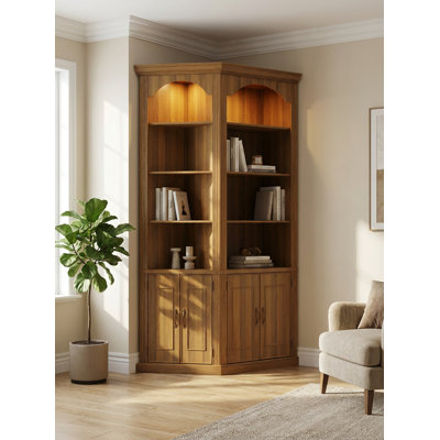 90.3'' Tall Corner Bookcase With Cabinet Doors, 2 Top Spotlights And 3-Colour Lighting