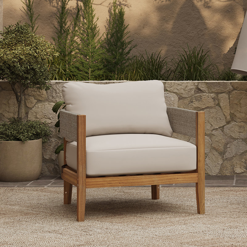 Fauteuil club d'extérieur en bois d'acacia avec côtés en corde et coussins