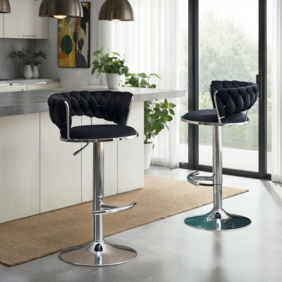 Set of 2 Velvet Upholstery Bar Stools – Swivel & Height Adjustable and Silver Legs for Kitchen or Bar