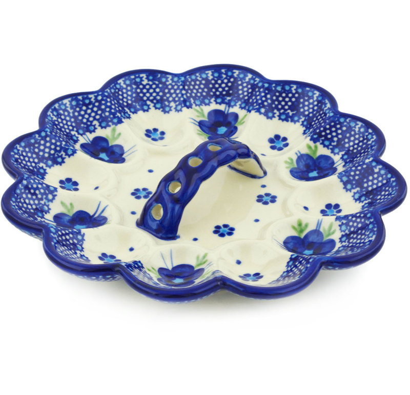 Assiette à oeuf bleu-belle fleur en céramique