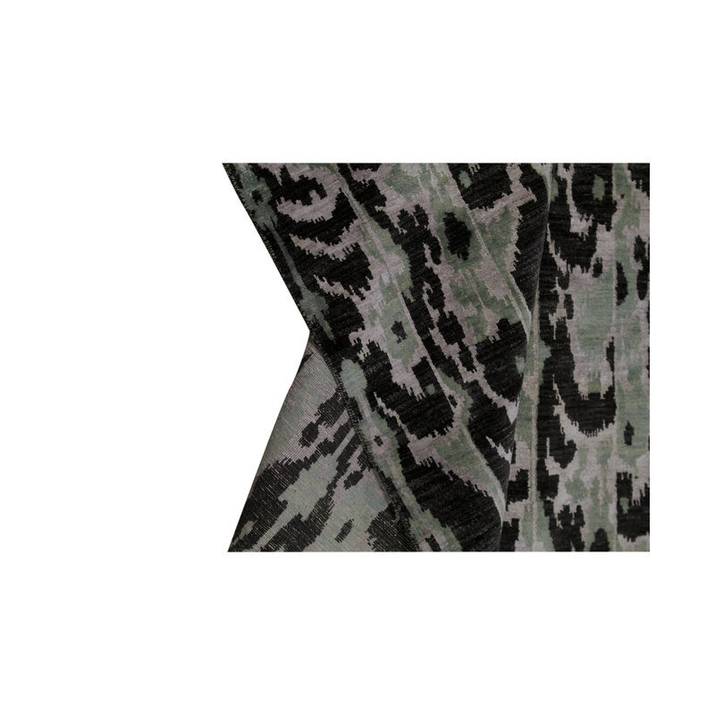 Tapis marocain en laine noué à la main vert / viscose / noir / gris