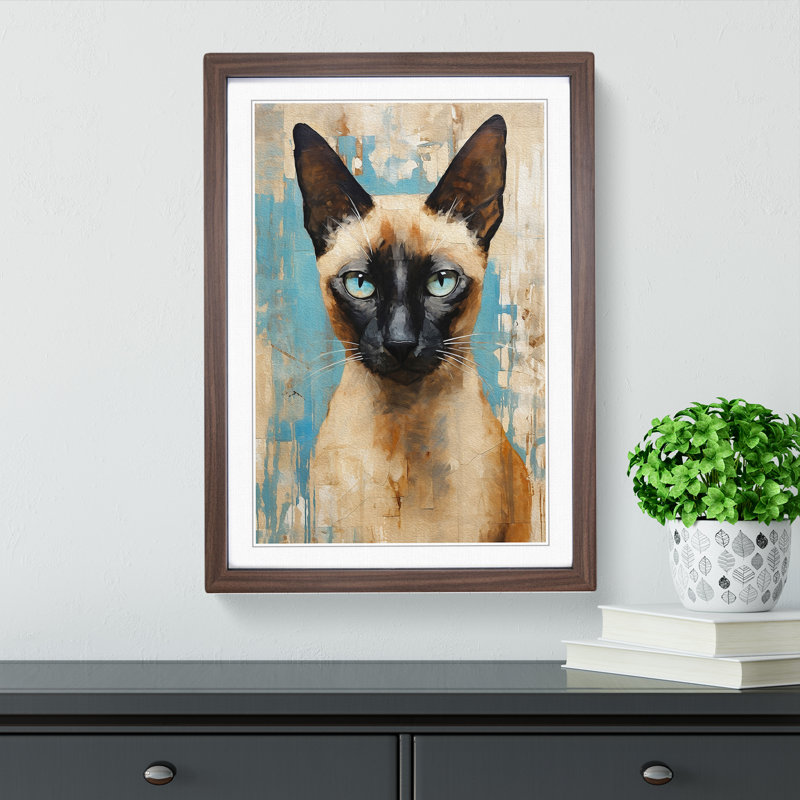 Siamese Cat Gestural - Single Picture Frame Print on Wood, Walnut , 64cm H x 46cm W x 2cm D