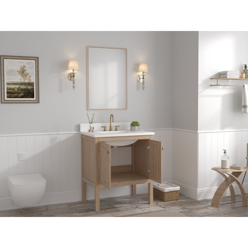 Meuble-lavabo sur pied moderne Sera de 76 cm (30 po) en chêne clair, de marque Tennant, avec lavabo simple et comptoir en quartz blanc, entièrement assemblé.
