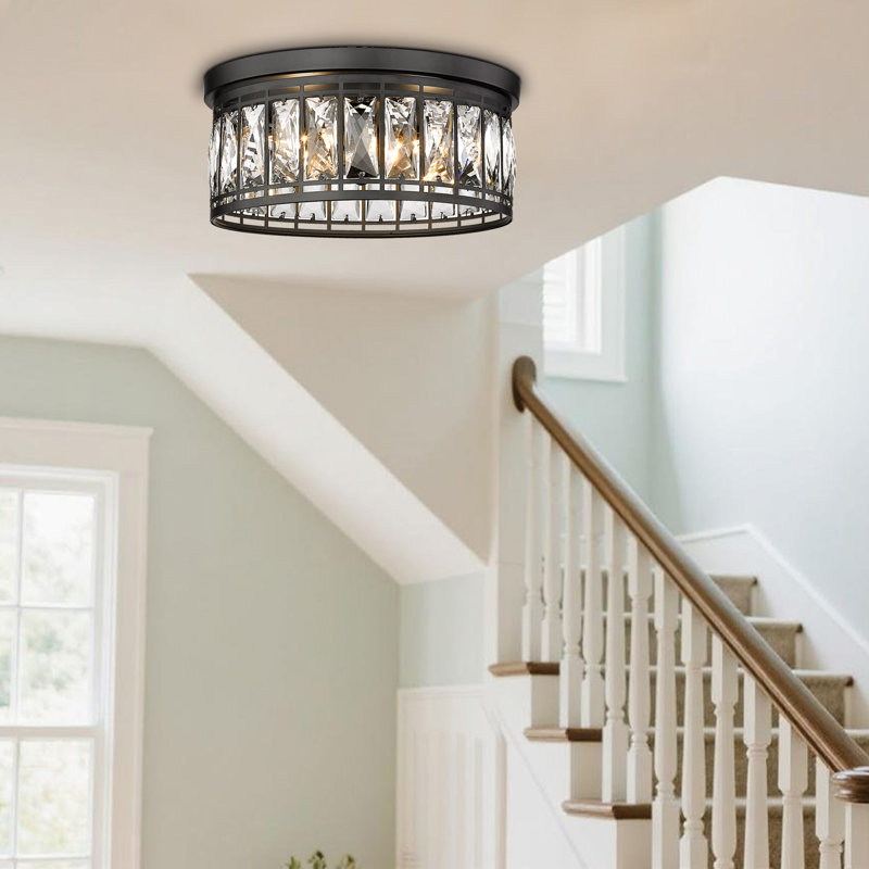Crystal Flush Mount Ceiling Light, Contemporary Ceiling Lighting Fixture, E12 3-Lights Industrial Close To Ceiling Lighting For Bedroom, Living Room, Kitchen Island (Black)