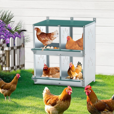 Galvanized Steel 4 Compartment Chicken Coop, Wall Mounted, 17.32 Inches Wide, Promote Egg Laying Activity Of Metal Coop Boxes, Color, Sloping Floor