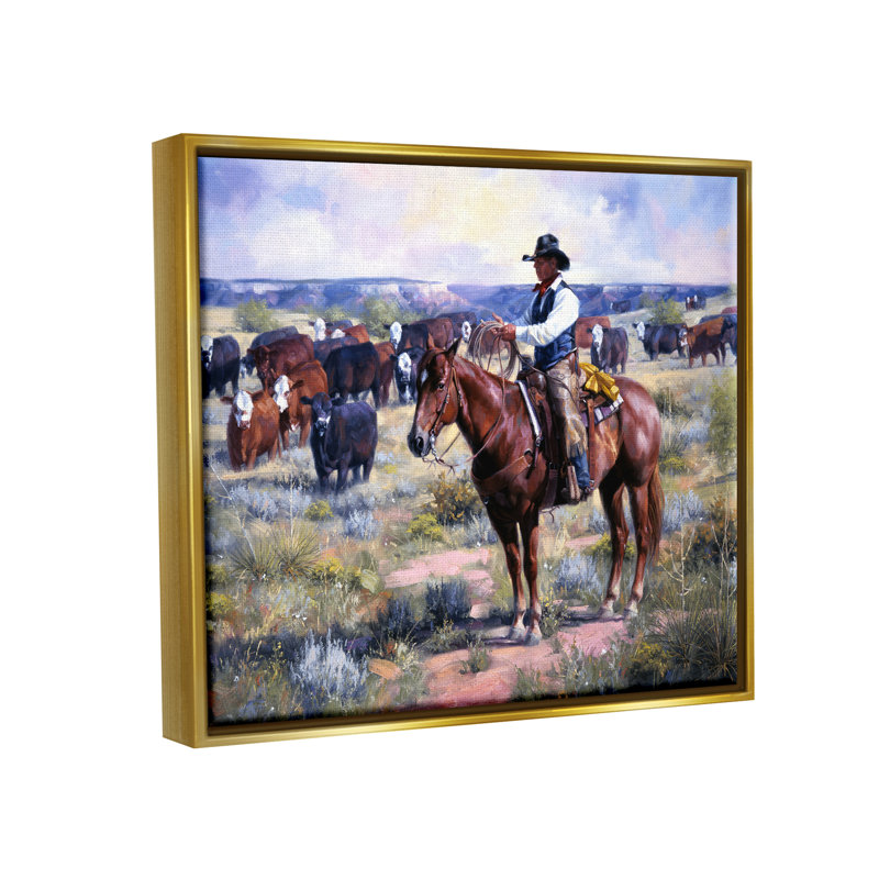 Cowboy Herding, H 17 po x l 21 po x P 1,7 po, Cadre flottant métallique doré