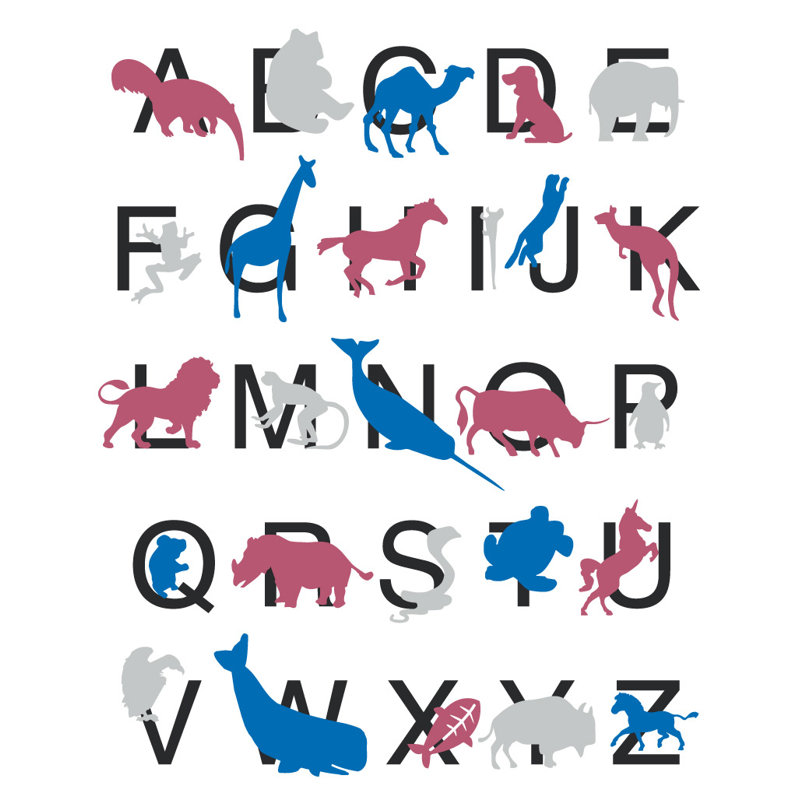 Décalcomanie murale alphabet animal, H 27 po x l 22 po x P 0,01 po, Rose / Gris / bleu