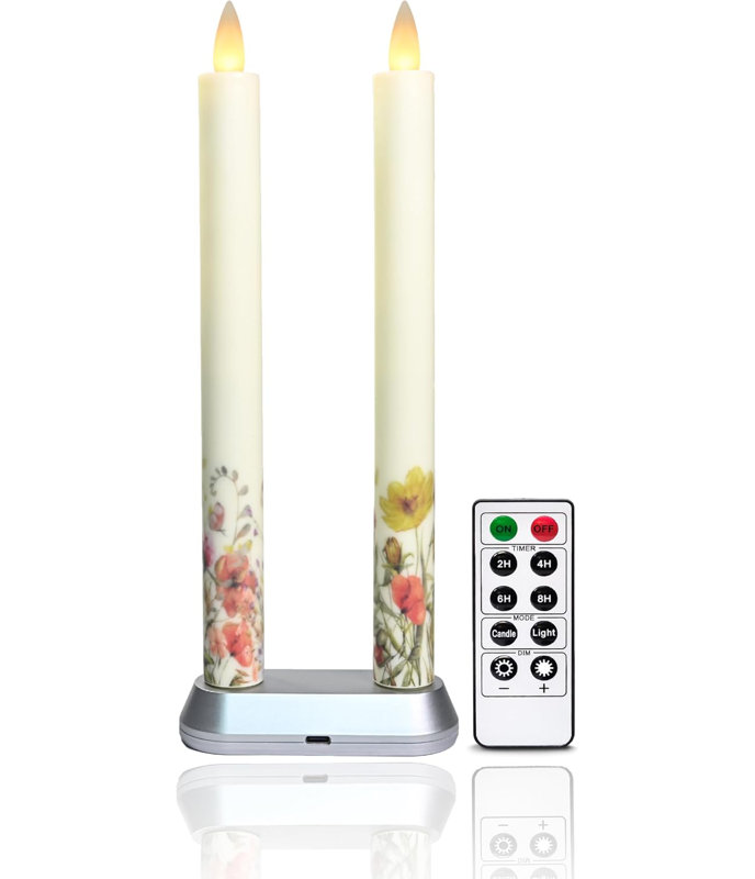 Bougie rechargeable sans flamme avec minuterie à distance, bougies à flamme de cire réelle à mouvement 3D (avec télécommande, base de chargement et câble USB) (paquet de 2 fleurs sauvages, 9 po)