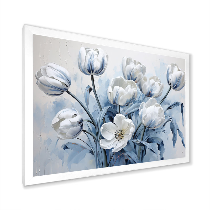 " Minimalism Blue And White Tulips Brushstrokes ", 24" H x 32" W x 1" D, White Single Picture Framed