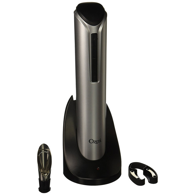 Ouvre-bouteille de vin électrique Pro avec verseur de vin, bouchon, coupe-papier et support de recharge élégant, Argent