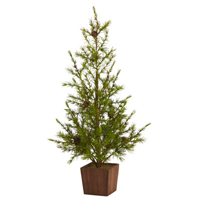 28in. Alpine Look Artificial Christmas Tree in Wood Planter with Pine Cones