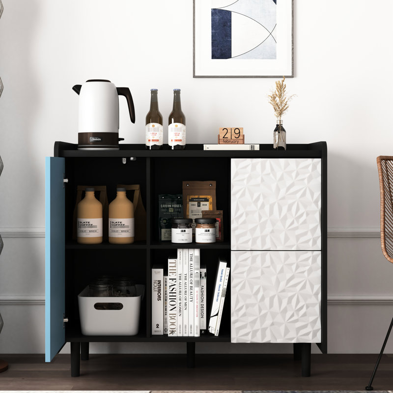 Buffet noir avec portes rouges et 2 tiroirs, armoire de cuisine, salle à manger, rangement spacieux, fabriqué en rouge, compartiments de rangement généreux à tiroirs, salle à manger, espaces de vie, construction