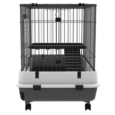 Caines 2-Level Small Animal Cage Rabbit Hutch with Wheels, Removable Tray, Platform and Ramp for Bunny, Chinchillas, Ferret