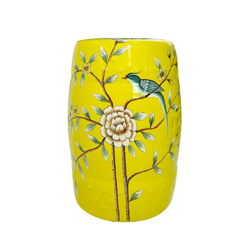 Yellow Peony and Bird Ceramic Garden Stool