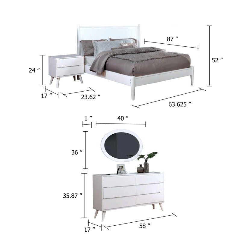 Ensemble de chambre avec grand lit 4 pièces Leyla, commode avec miroir ovale, bois blanc, Grand, Blanc