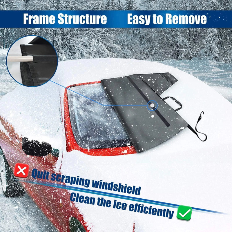 Car Windshield Snow Cover, 600D Heavy Duty Winter Ice Frost Dust Rain Protector With Poles, Front