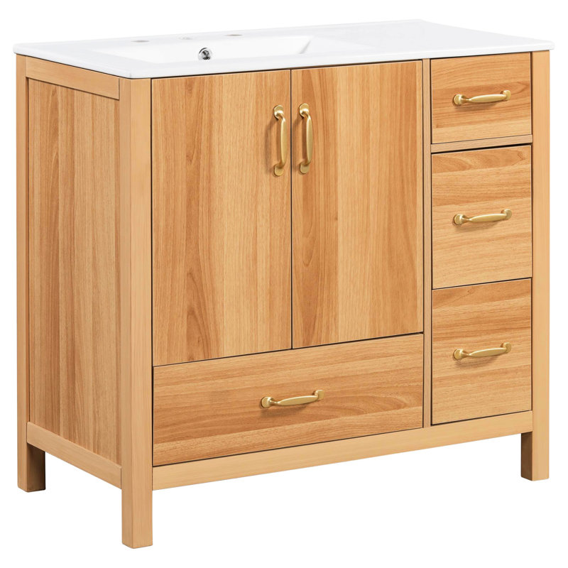 Meuble-lavabo de 36 po avec poignées dorées, 4 tiroirs et fonction de fermeture en douceur pour salle de bain moderne et confortable