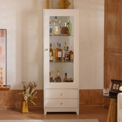 Vitrine autoportante avec 2 tiroirs de rangement, garde-manger rembourré avec plafonnier, armoire à vin avec porte vitrée et tablettes réglables