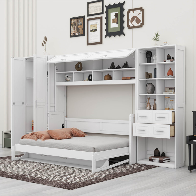 Grand lit escamotable, lit escamotable en bois avec placard, tiroirs et tablettes, Blanc