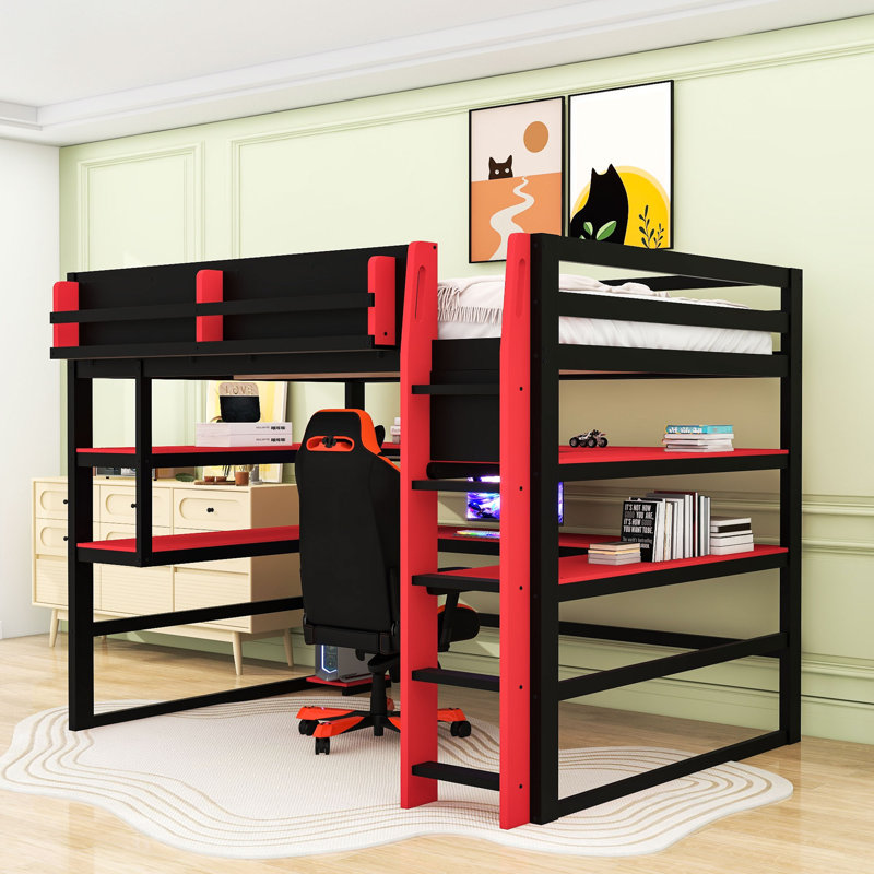 Wood Loft Bed with Shelves and Built-in USB Ports and RGB LED Lights, Red, Full