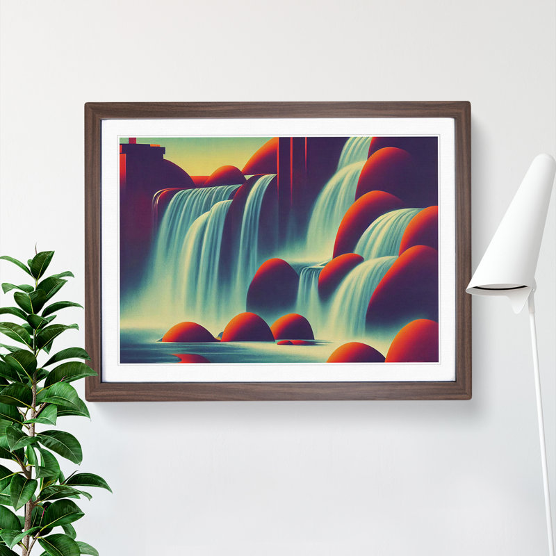 Art Deco River Waterfall Vol.3 - Single Picture Frame Print, 25cm H x 34cm W x 2cm D, Walnut Framed