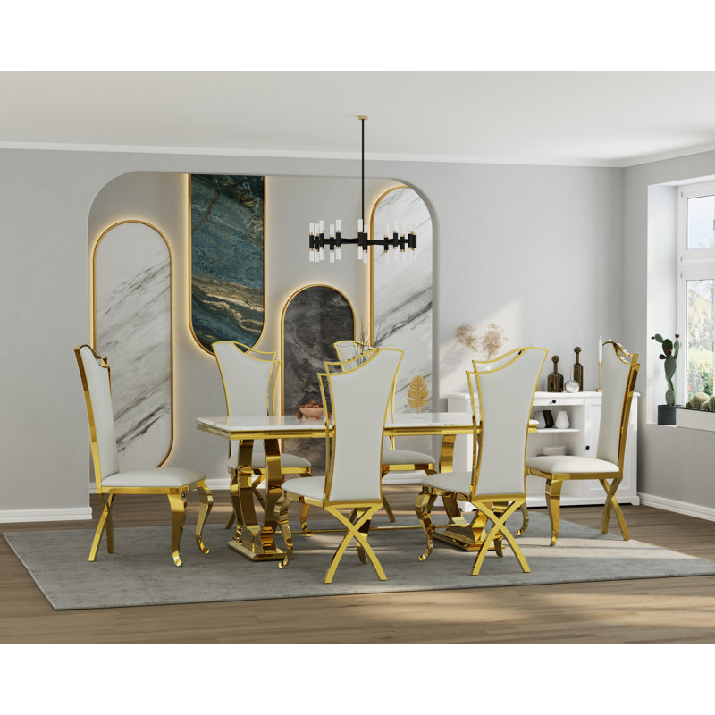 Ensemble de table de salle à manger de luxe avec 6 chaises en cuir, Blanc, Blanc / Doré, Doré