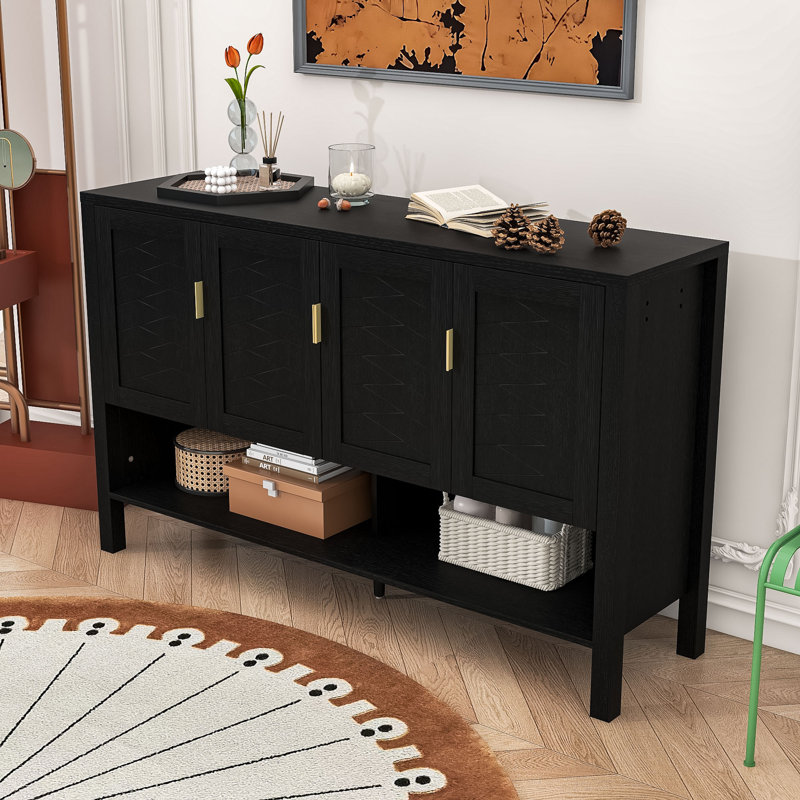 Modern Four-Door Sideboard Buffet Cabinet with Adjustable Shelves, Open Storage and Geometric Doors, Black