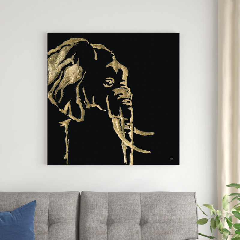 Éléphant doré sur fond noir, H 36 po x l 36 po x P 1,25 po