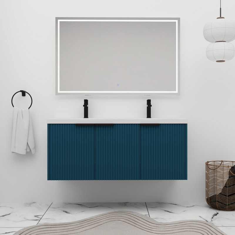 Meuble-lavabo double 48 po avec plateau en résine, Bleu lac / noir