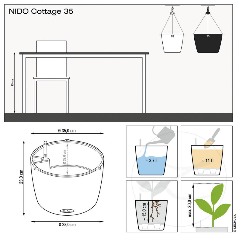 Hanging Planter, Graphite Black, 23cm H x 35cm W x 35cm D