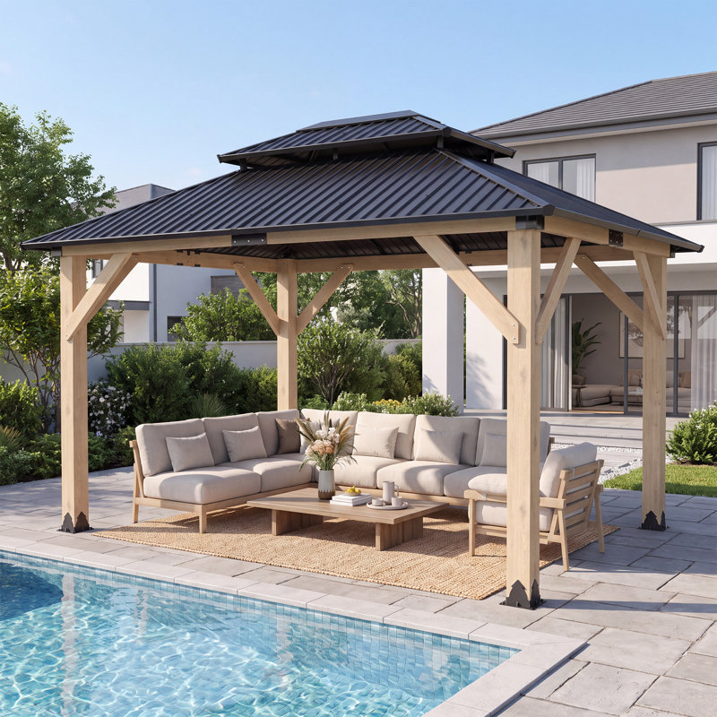 12 Ft. W X 10 Ft. D Solid Wood Patio Gazebo, Patio Cedar Wood Gazebo Galvanized Steel Hardtop Heavy Duty Frame For Garden, Lawn, Poolside, Backyard Deck