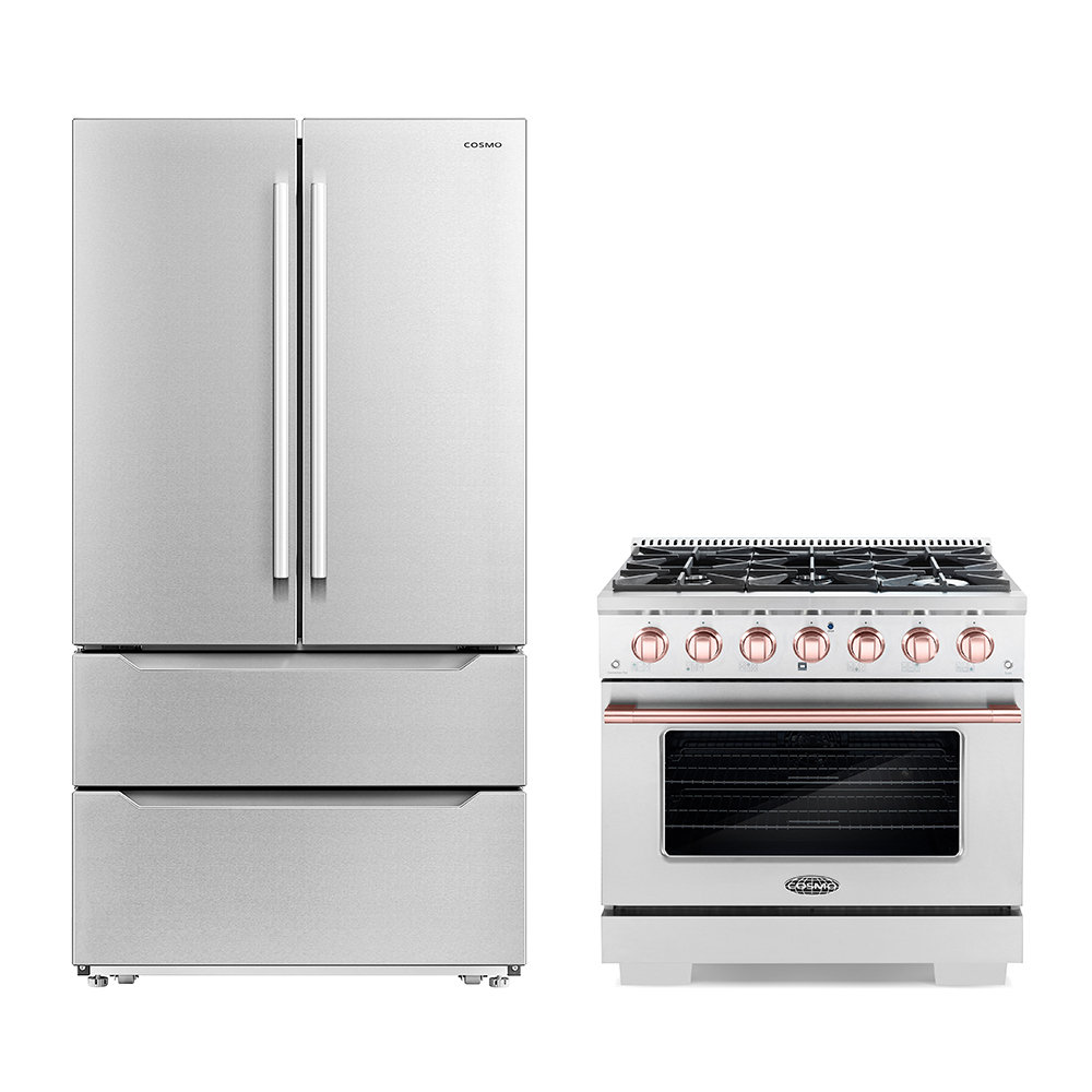 2 Piece Kitchen Package With 36" Freestanding Gas Range With Custom Handle And Knob Kit 36" French Door Refrigerator Cosmo 