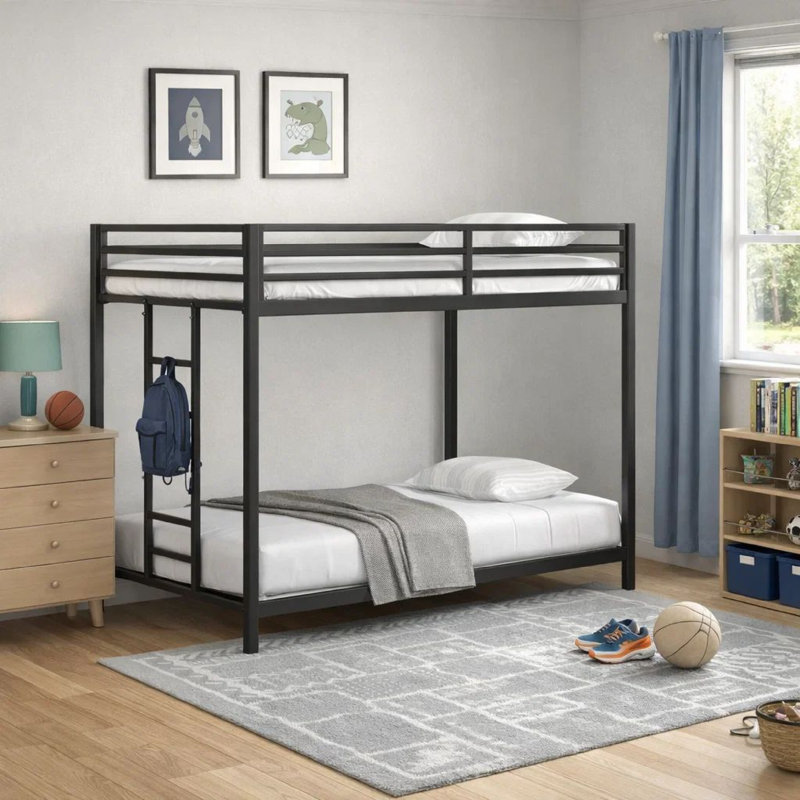 Ady Low Profile Twin Over Twin Bunk Bed With Ladder, Black Metal Frame, Black