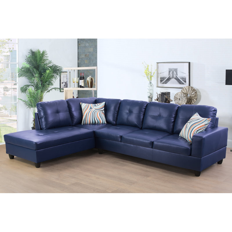 Faux Leather L-Shaped Sectional Left Hand Facing, Blue Faux Leather