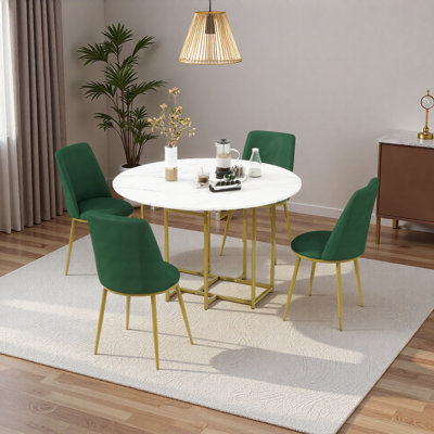 Ensemble de table de salle à manger extensible 5 pièces pour petits espaces - plateau rond en faux marbre avec structure noire, 4 chaises rembourrées, conception pliable compacte