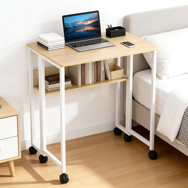 Folding Desk Small Rolling Desk with Storage Shelf and Wheels for Small Spaces, Beige, White