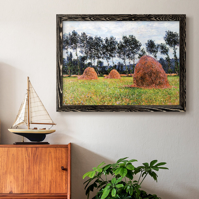 Haystacks, Overcast Day, 1884 - Toile tendue avec châssis rustique, Cadre noir, H 26 po x l 38 po x P 1,5 po