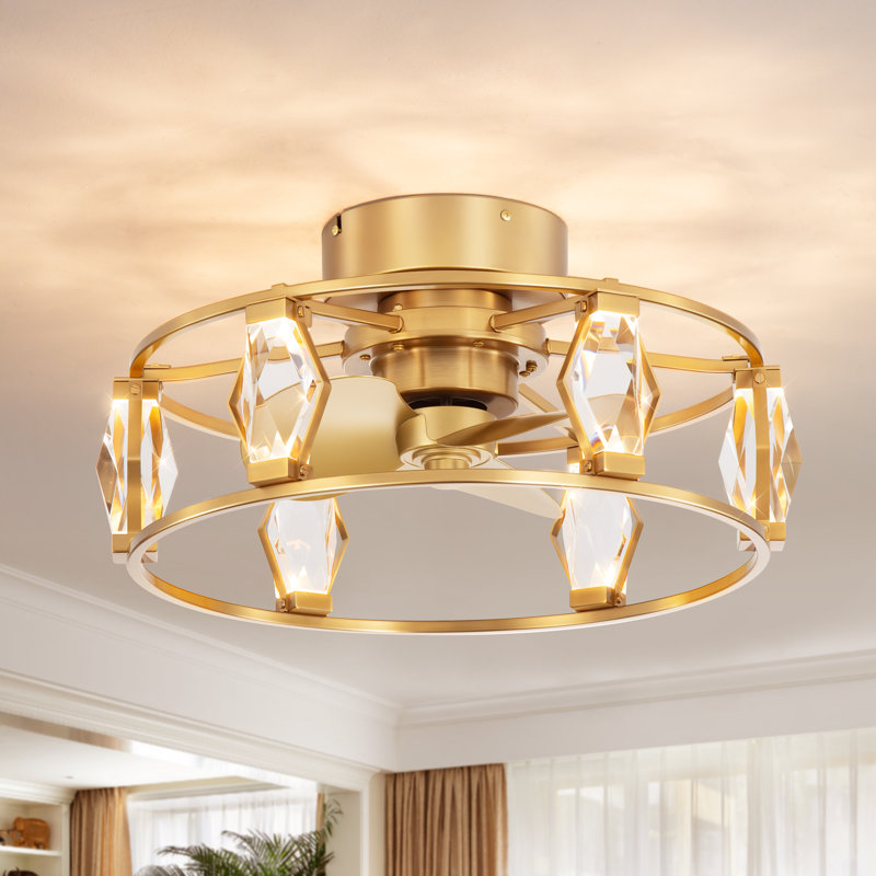 20'' Crystal Small Enclosed Caged Ceiling Fan With Light And Remote, Low Profile Bladeless Ceiling Fan Light Fixture 6 Speed, 3 Reversible Abs Blades And Quiet Motor, Flush Mount For Indoor/covered Outdoor