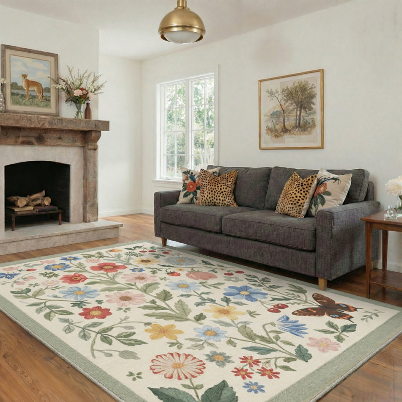 Aura Floral Machine Washable Pink / Green / Blue / Beige Indoor Area Rug with Non-Slip Backing, Rectangle 6' x 9'