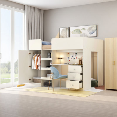 Lit mezzanine avec garde-robe intégré, bureau, tablettes de rangement et tiroirs