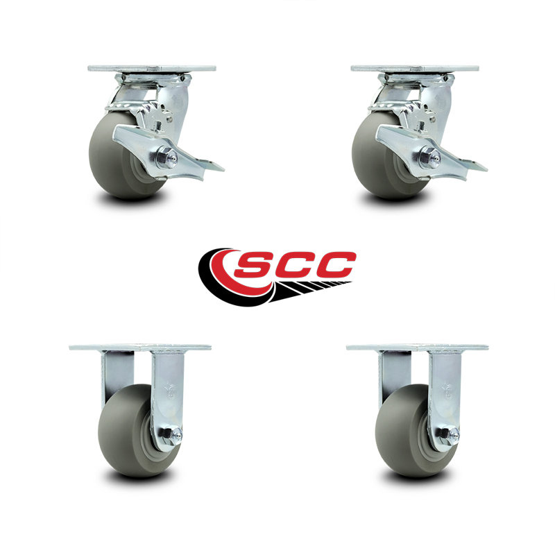4 Inch Thermoplastic Rubber Caster Set with Ball Bearings 2 Brakes 2 Rigid SCC|SCC-30CS420-TPRBD-TLB-2-R420-2